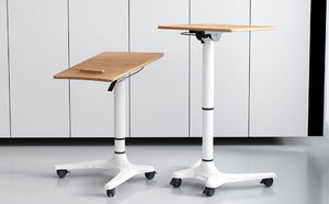 Aluminium Sit-Stand Laptop Table Premium Mobile Laptop Stand, Tilting Solid Wood Desktop, Oak & Aluminum, Portable Computer Stand with Wheels, Oak & White, (LPT05)