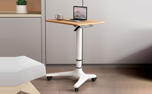 Aluminium Sit-Stand Laptop Table Premium Mobile Laptop Stand, Tilting Solid Wood Desktop, Oak & Aluminum, Portable Computer Stand with Wheels, Oak & White, (LPT05)