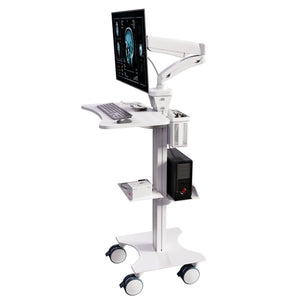 Sit Stand Mobile Workstation with Gas Spring Arm and Keyboard Tray, Optional CPU Holder, Printer Shelf & Basket, White (MCTGW)